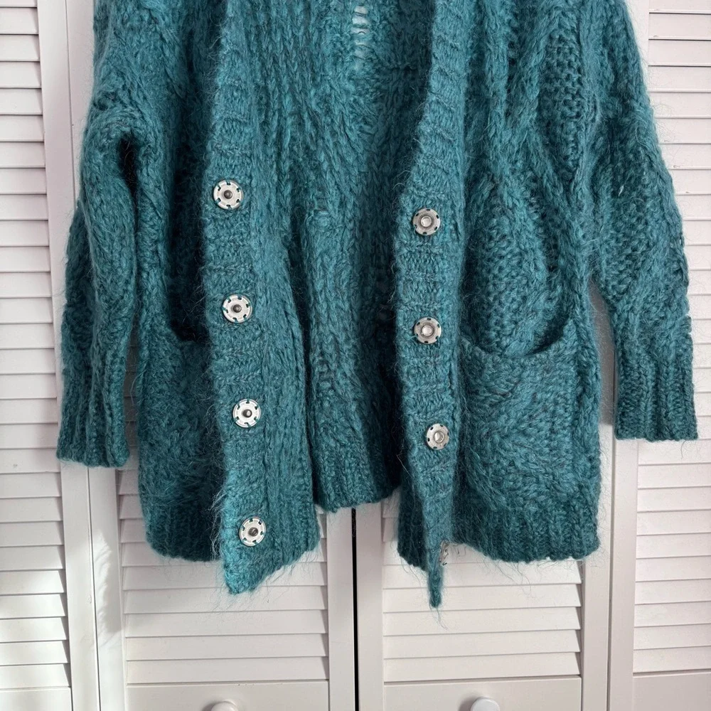 Free People Aran Isle Chunky Knit Mohair Cardigan Sweater Teal Blue Size XS
